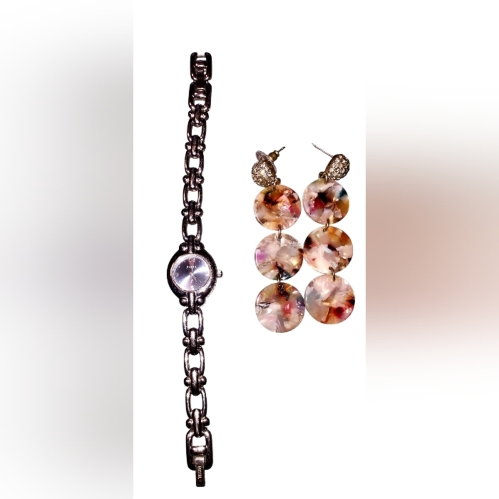 Fossil Vintage Watch and Multicolor Earrings Set